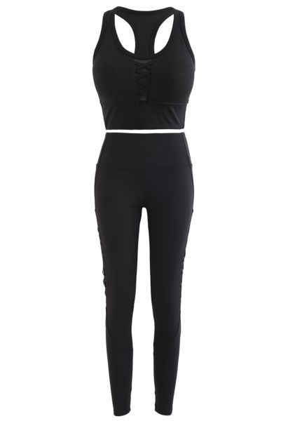 Conjunto de legging e sutiã esportivo cortado com cadarço com painel de malha em preto