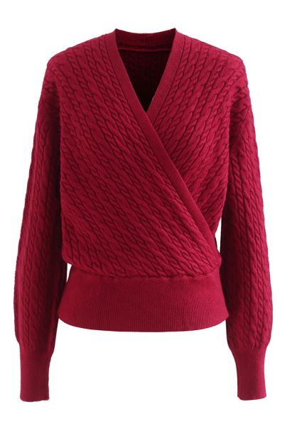 Suéter de corte frontal de malha de cabo em vermelho