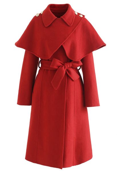 Casaco Longline Lã-Blend com Capa Ombro em Vermelho