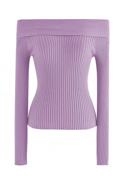 Blusa cropped de tricô cortês e ombro a ombro em lilás