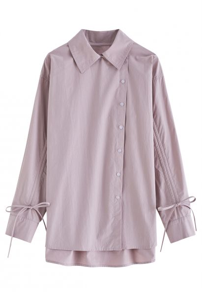 Camisa de algodão com botões e mangas com cordão em rosa empoeirado