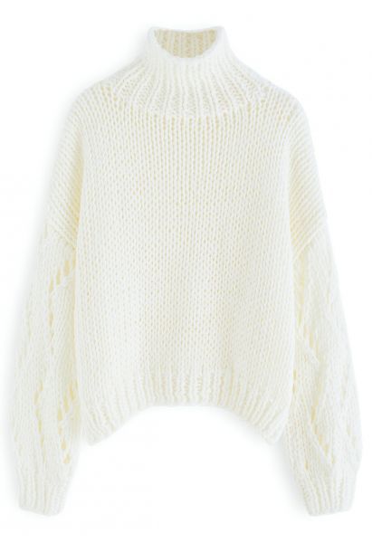 Suéter de tricot à mão com manga e gola alta Pointelle em branco