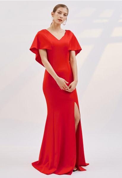 Vestido de sereia com mangas compridas em vermelho