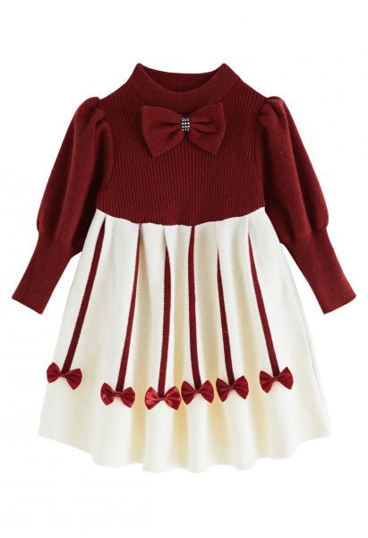 Vestido de malha com laço vermelho doce para crianças