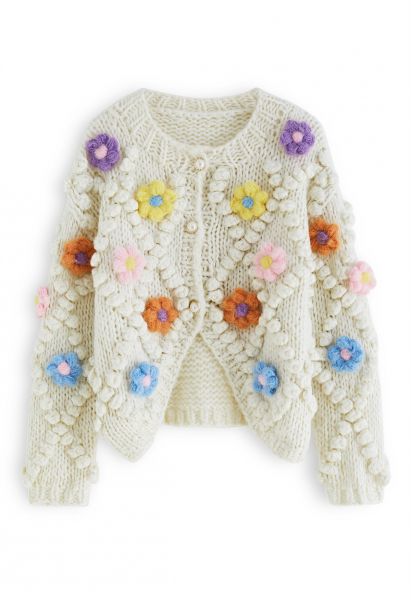 Cardigã de tricô floral com botões e pompons