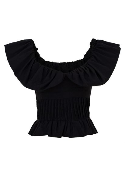 Blusa plissada plissada com aba e ombro em preto
