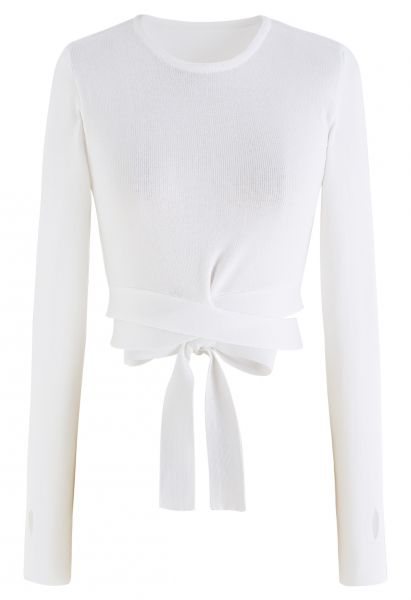 Top cropped de tricô com laço self-tie em branco