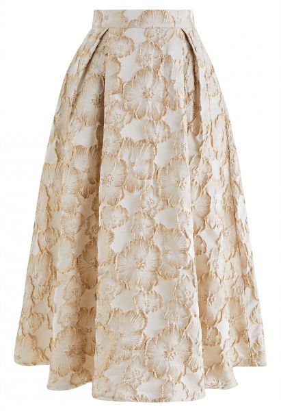 Thriving Golden Blossom Embossed Jacquard Midi Skirt