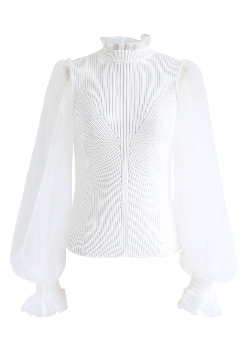Blusa de malha canelada com mangas bolha transparente em branco
