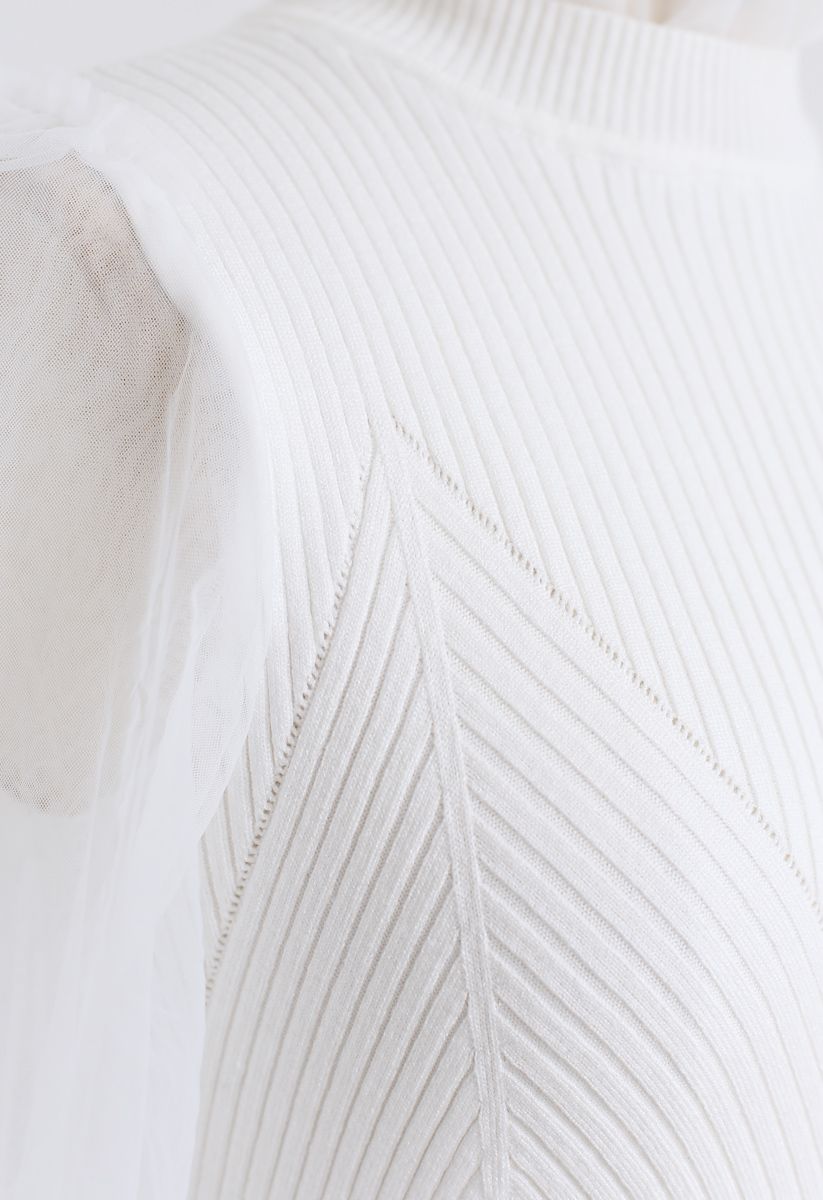 Blusa de malha canelada com mangas bolha transparente em branco