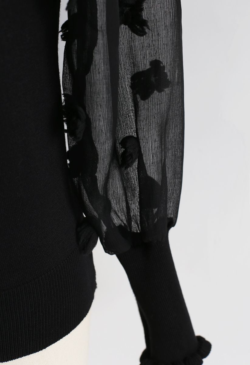 Blusa de malha com mangas transparentes de algodão doce em preto