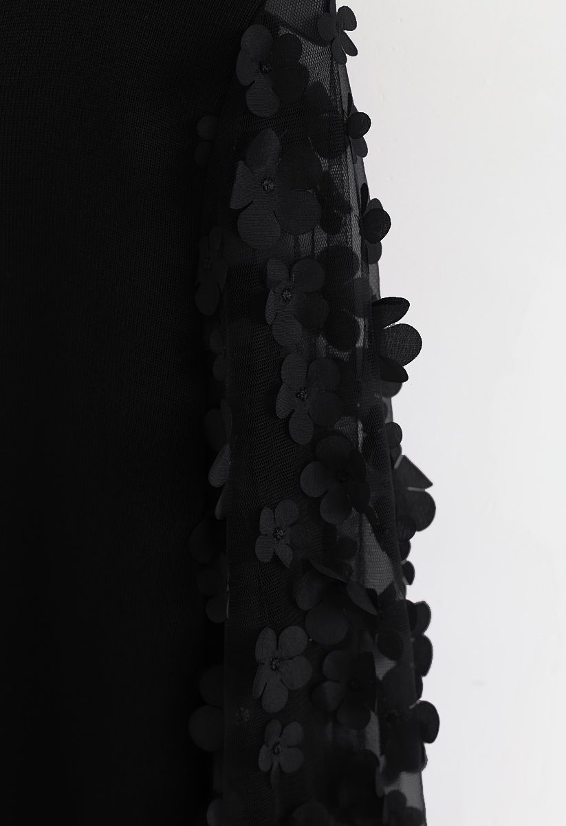 Blusa de malha com mangas de malha flor 3D em preto