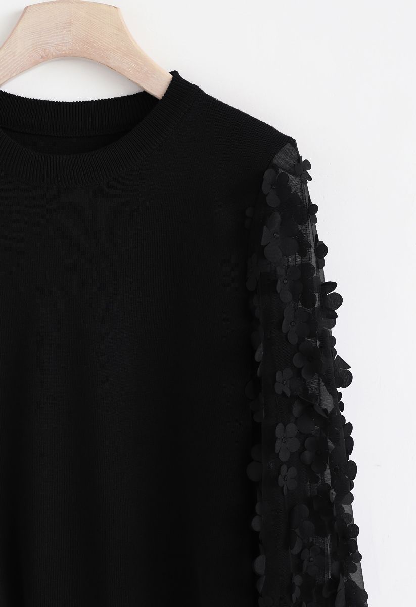 Blusa de malha com mangas de malha flor 3D em preto