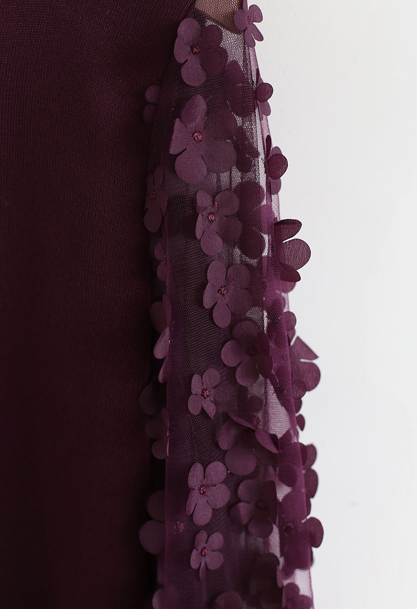 Blusa de malha com mangas de malha de flores 3D em vinho