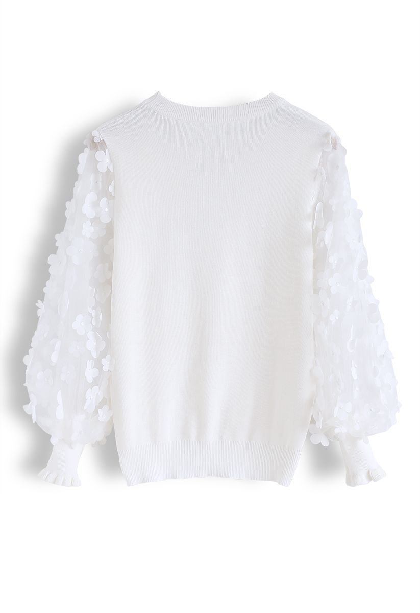 Blusa de malha mangas de malha flor 3D em branco