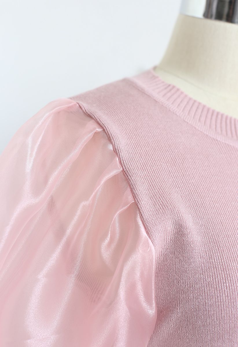 Blusa de tricô manga bolha de organza rosa
