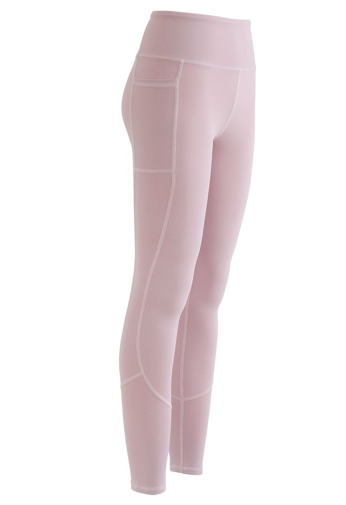 Bolsos laterais com detalhe de costura Legging até o tornozelo em rosa nude