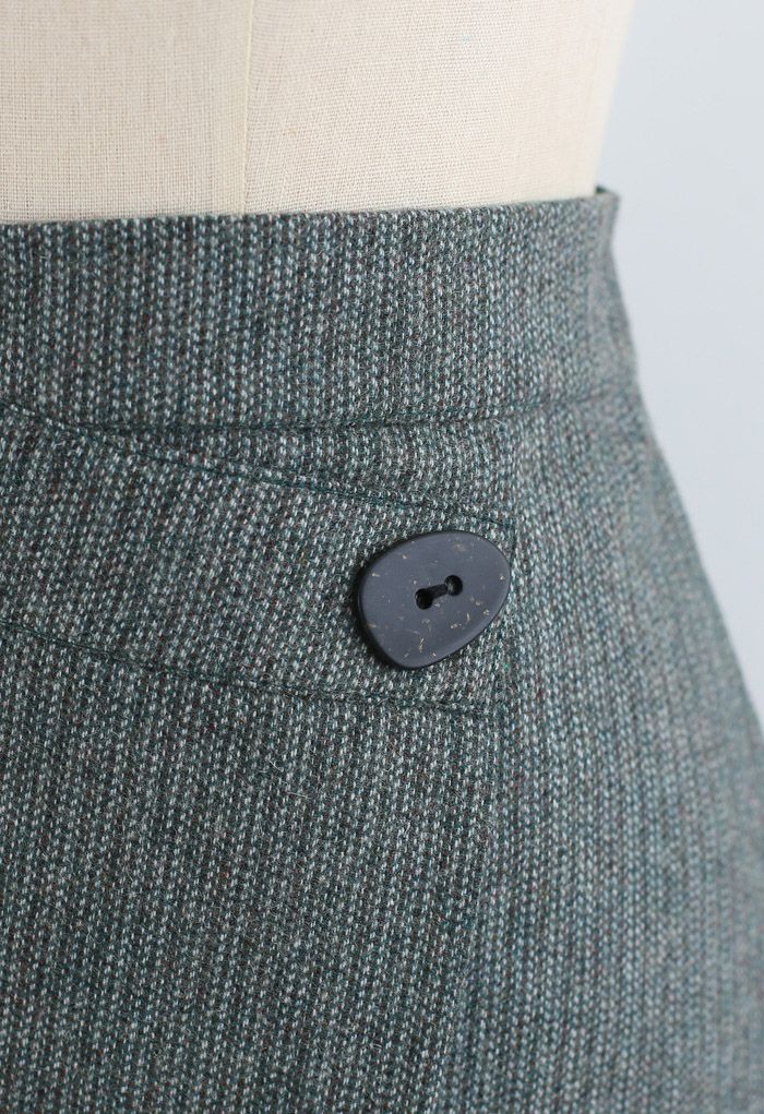 Minissaia com abas de botões e mistura de lã em verde escuro