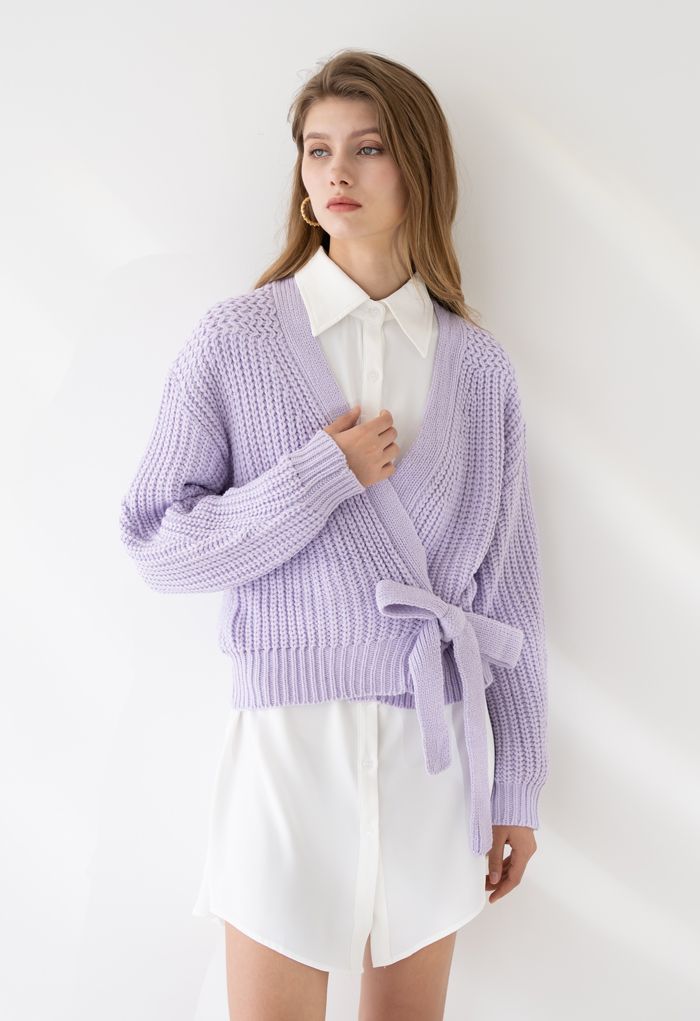 Embrulhe o suéter Bowknot Chunky Knit em lavanda