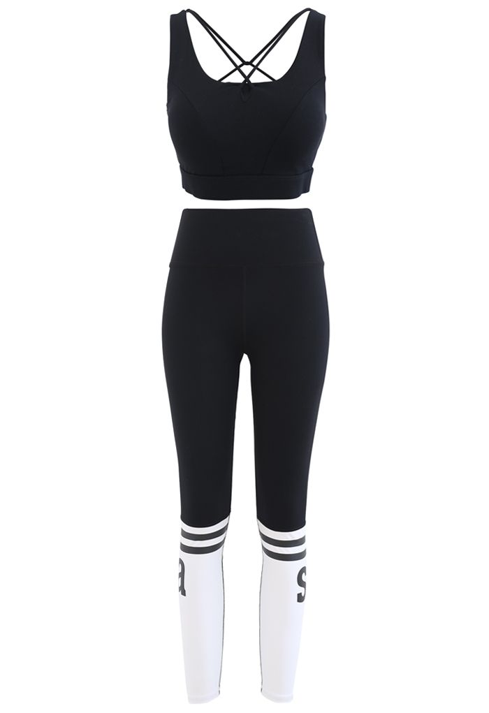 Conjunto de sutiã esportivo com amarração nas costas e leggings para levantamento de bumbum em preto