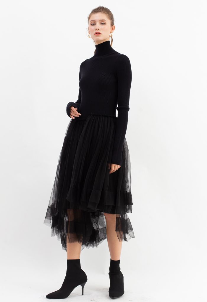 Vestido de malha em camadas assimétricas de malha em preto