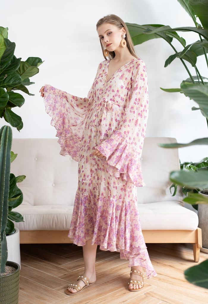 Vestido Ditsy Floral mangas quimono semitransparente Hi-Lo
