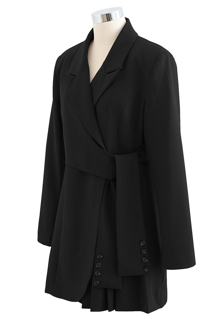 Vestido blazer de ombro plissado com amarração na cintura em preto