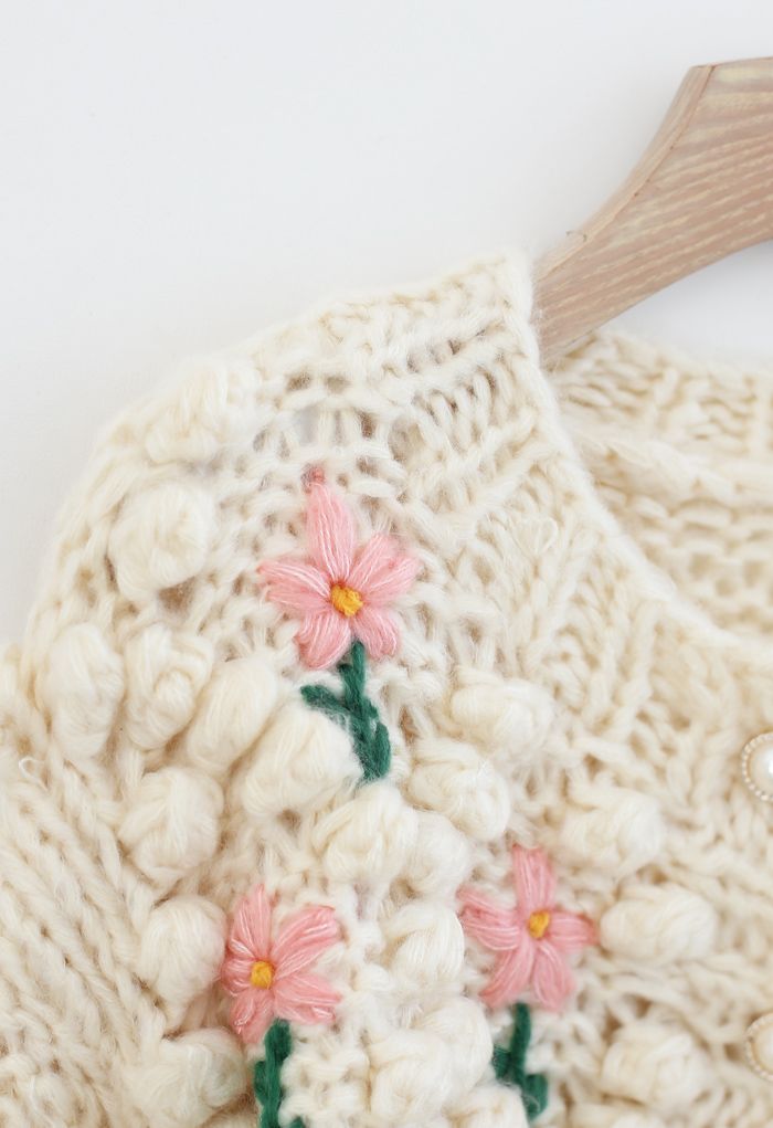 Cardigan de tricô feito à mão com pompom de diamante floral ponto