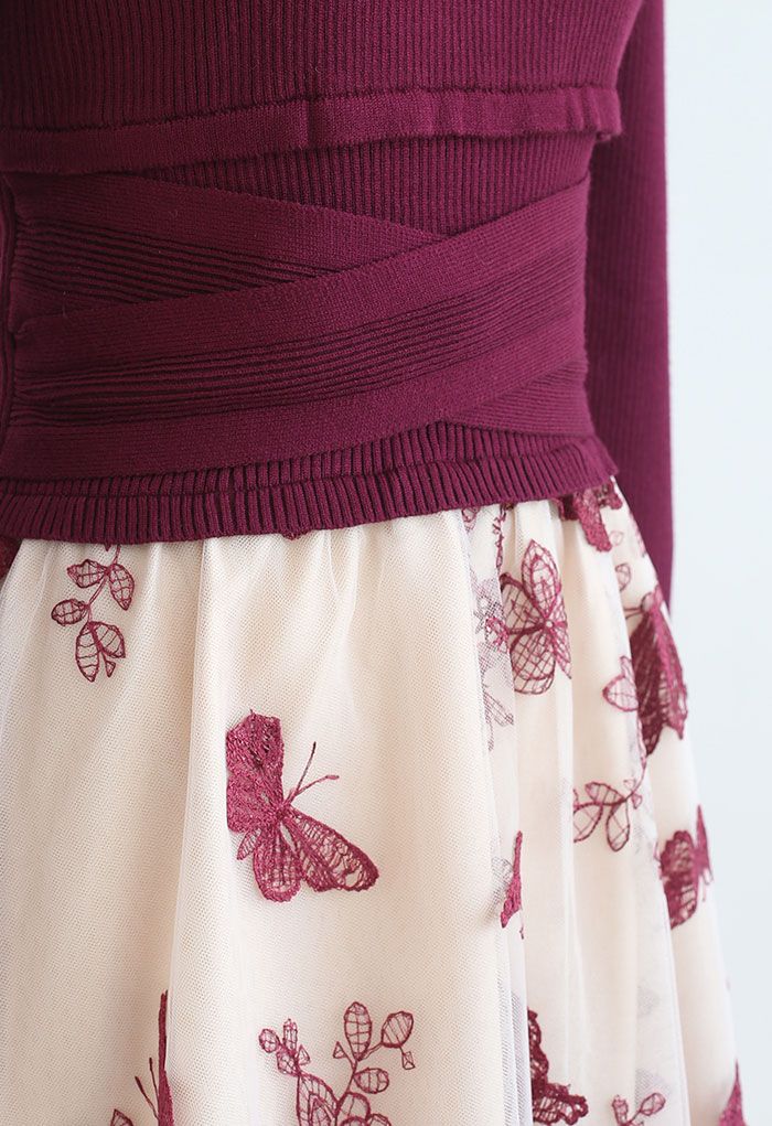 Vestido de malha de malha de borboleta 3D em vermelho
