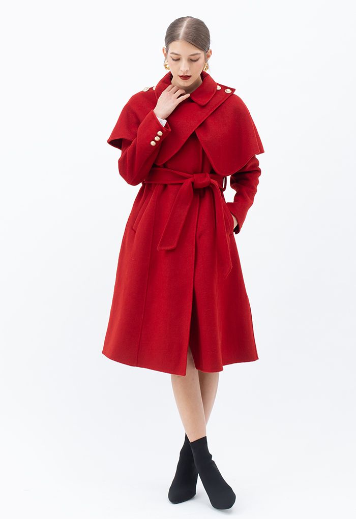 Casaco Longline Lã-Blend com Capa Ombro em Vermelho