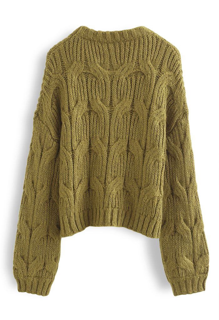 Suéter de tricô trançado decote redondo em verde musgo