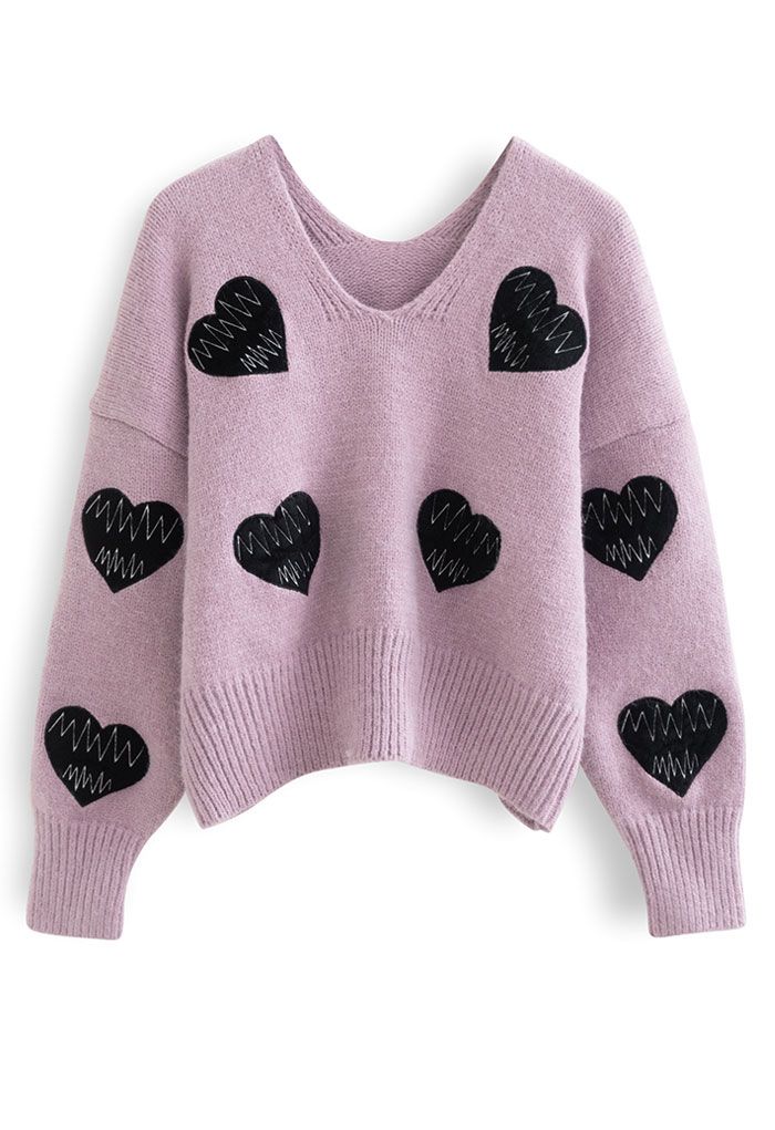 Suéter de malha com gola em V Heartbeat Patch em lilás