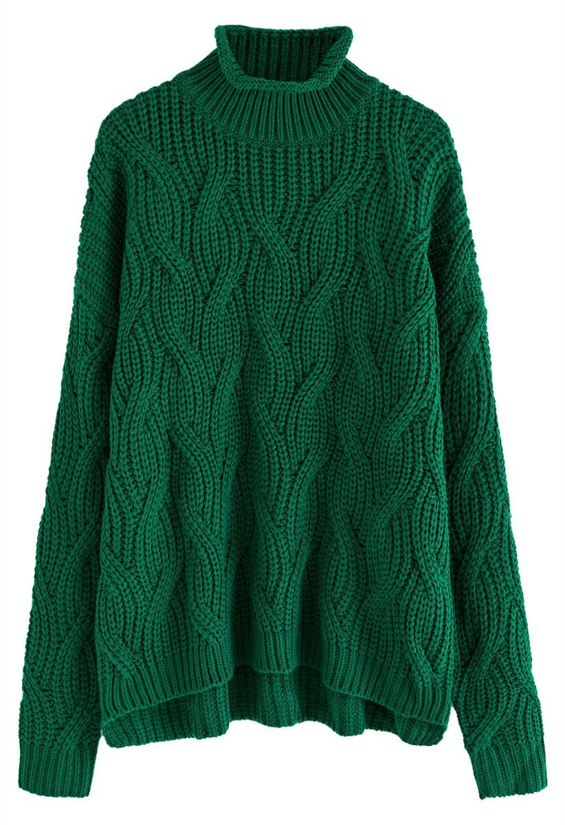 Suéter de malha grossa trançada de gola alta e esmeralda