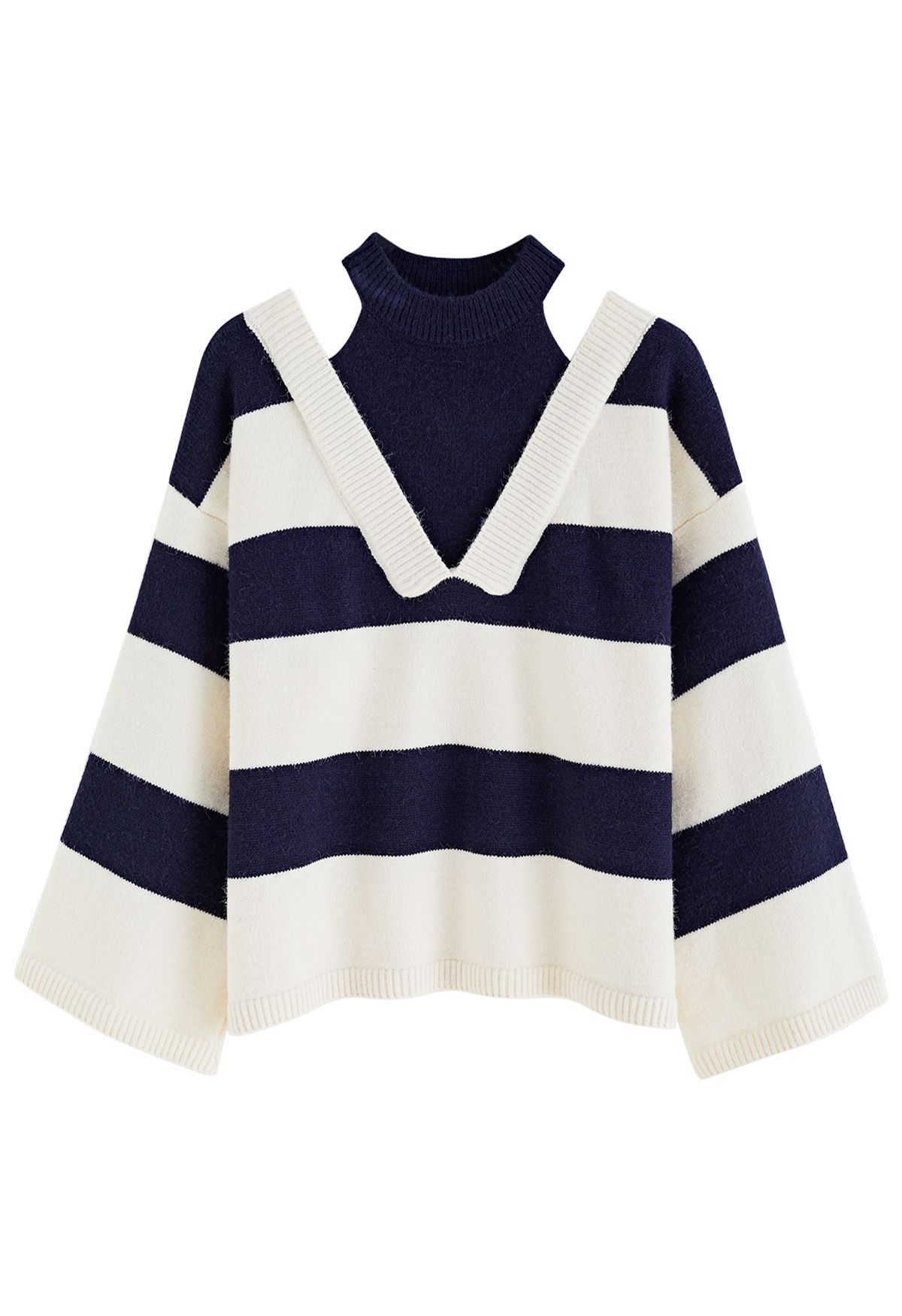 Suéter falso de duas peças com ombros frios em azul marinho