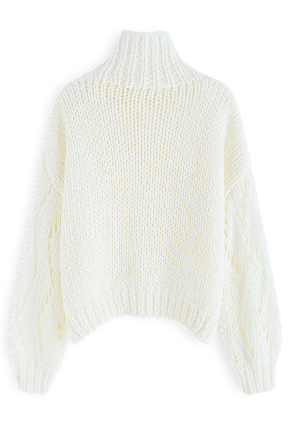 Suéter de tricot à mão com manga e gola alta Pointelle em branco