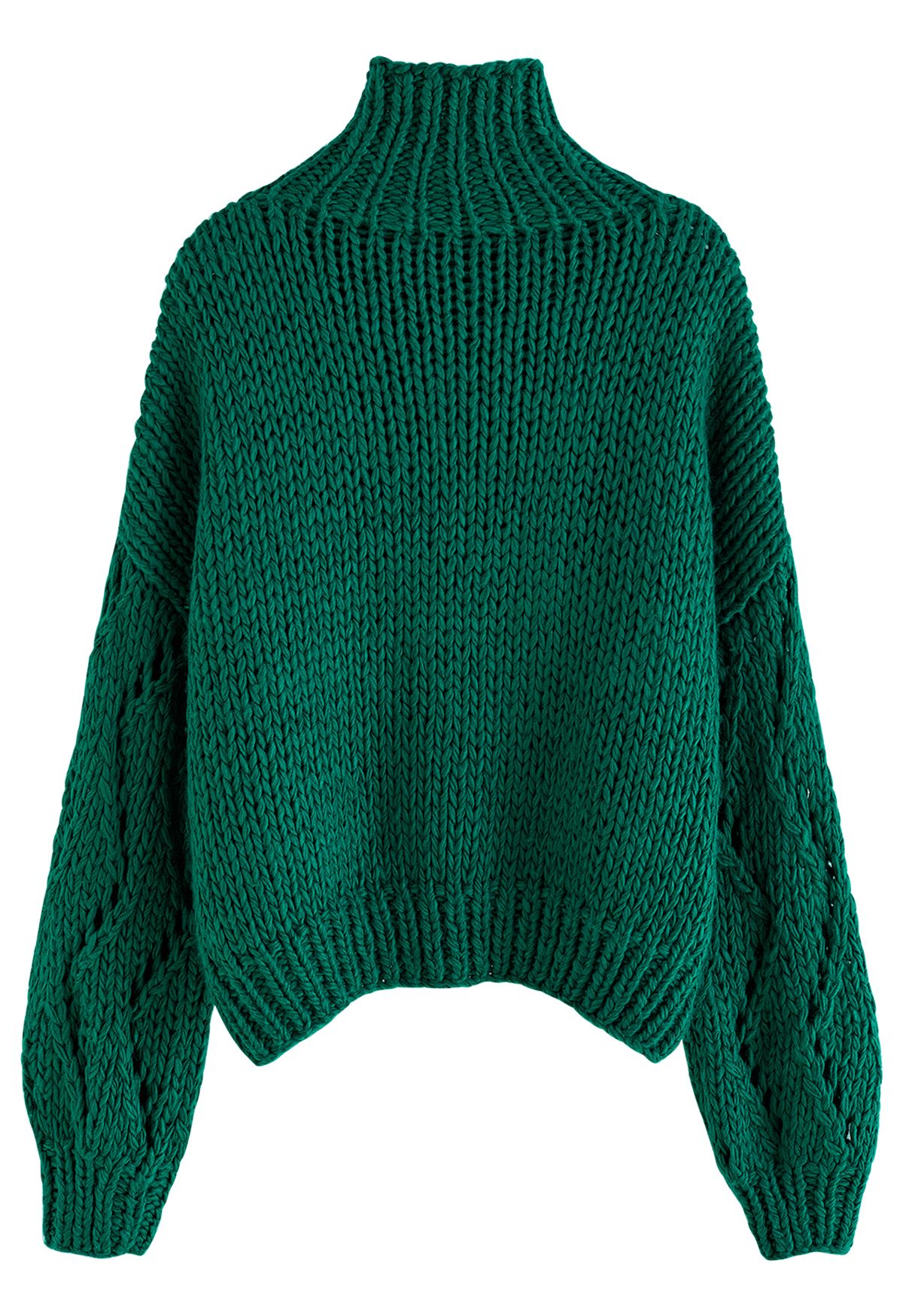 Suéter de tricot à mão com gola alta e manga Pointelle em verde