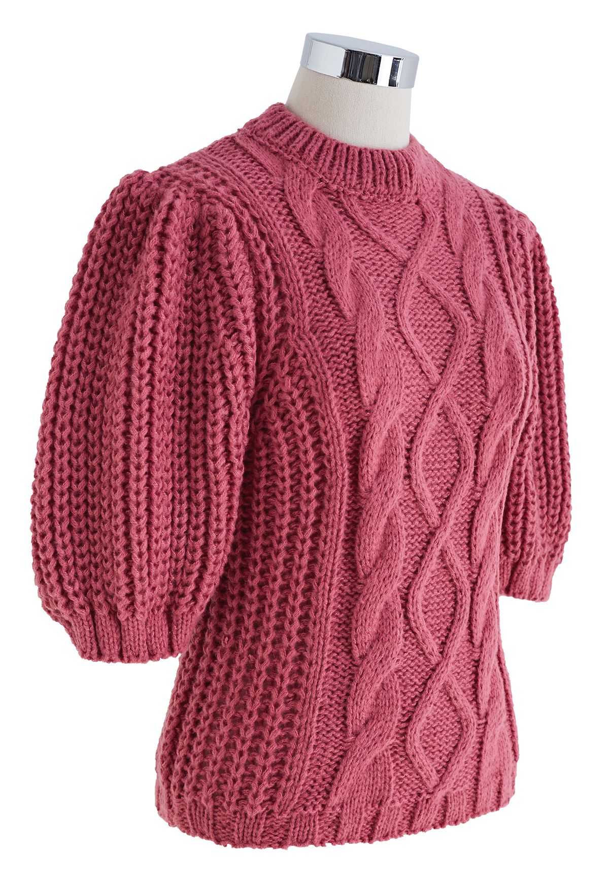 Suéter com nervuras trançado manga bolha em magenta