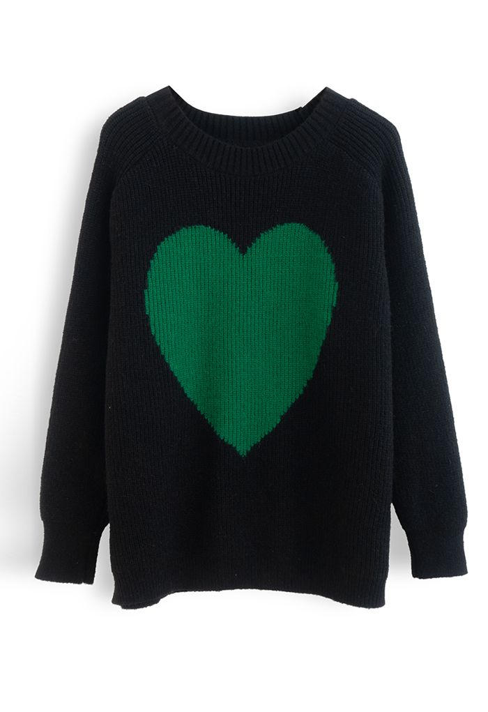 Suéter oversized de malha canelada de um coração em preto