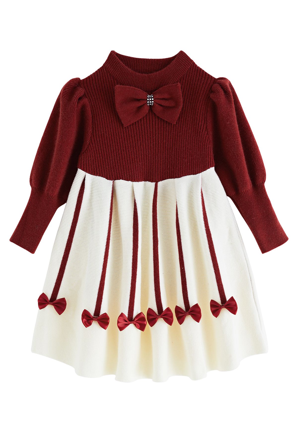 Vestido de malha com laço vermelho doce para crianças