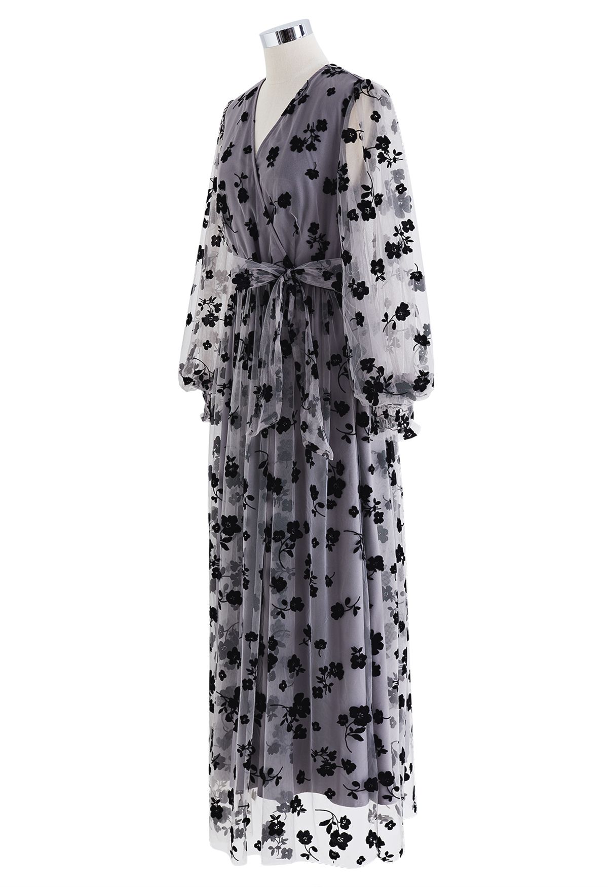 Vestido maxi envolto em malha 3D Posy em cinza