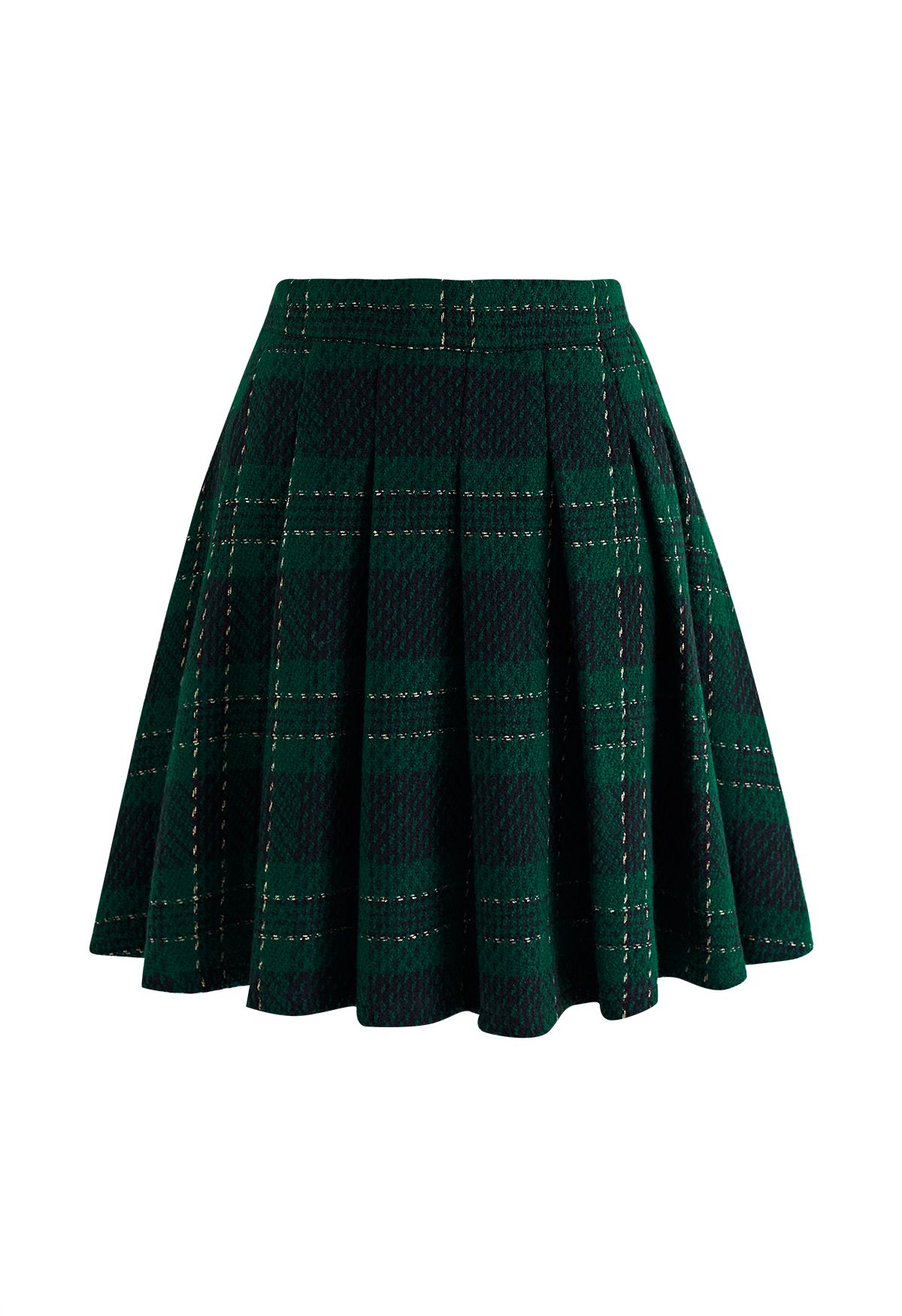 Jaqueta xadrez de tweed metalizada e conjunto de saia plissada em verde
