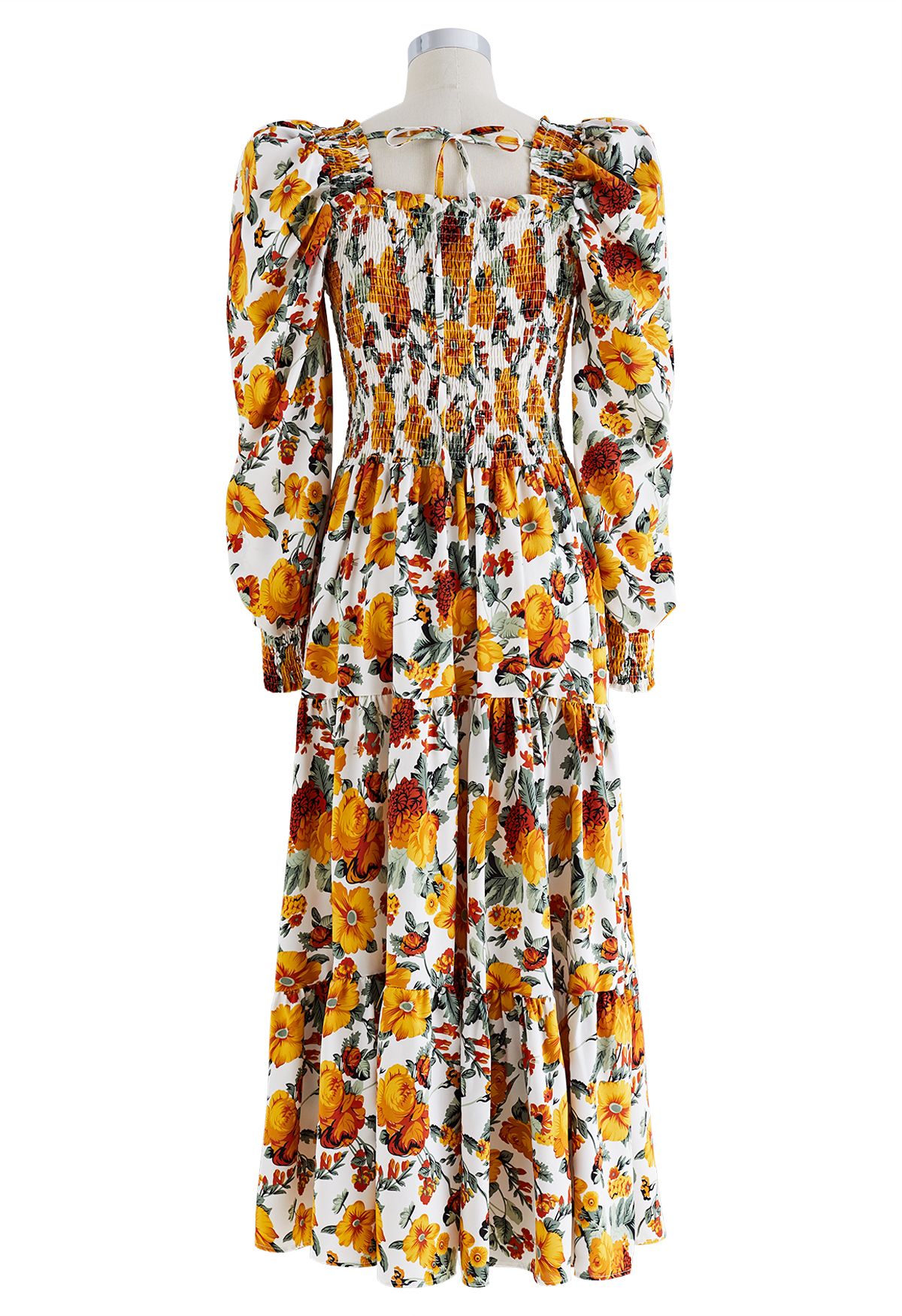 Vestido maxi de chiffon com franzido floral efervescente em laranja
