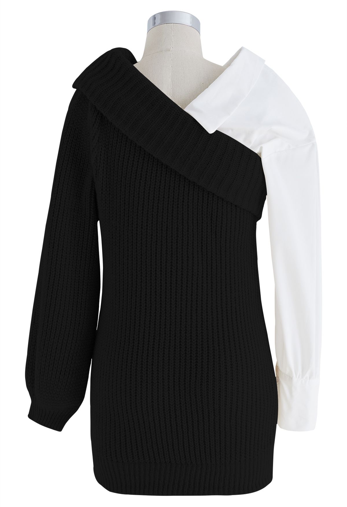 Suéter de tricô canelado com ombro dobrado emendado em preto