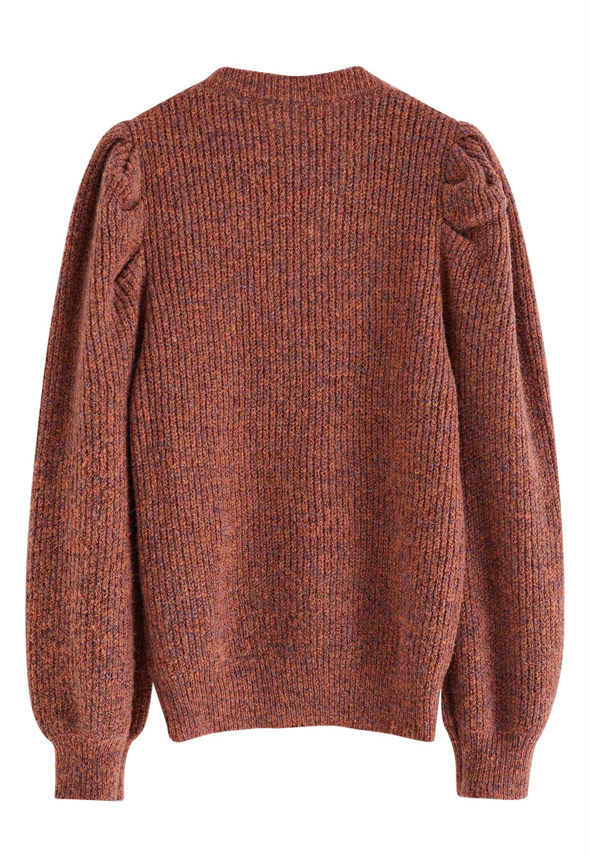 Suéter malha canelada com manga bufante em vermelho ferrugem