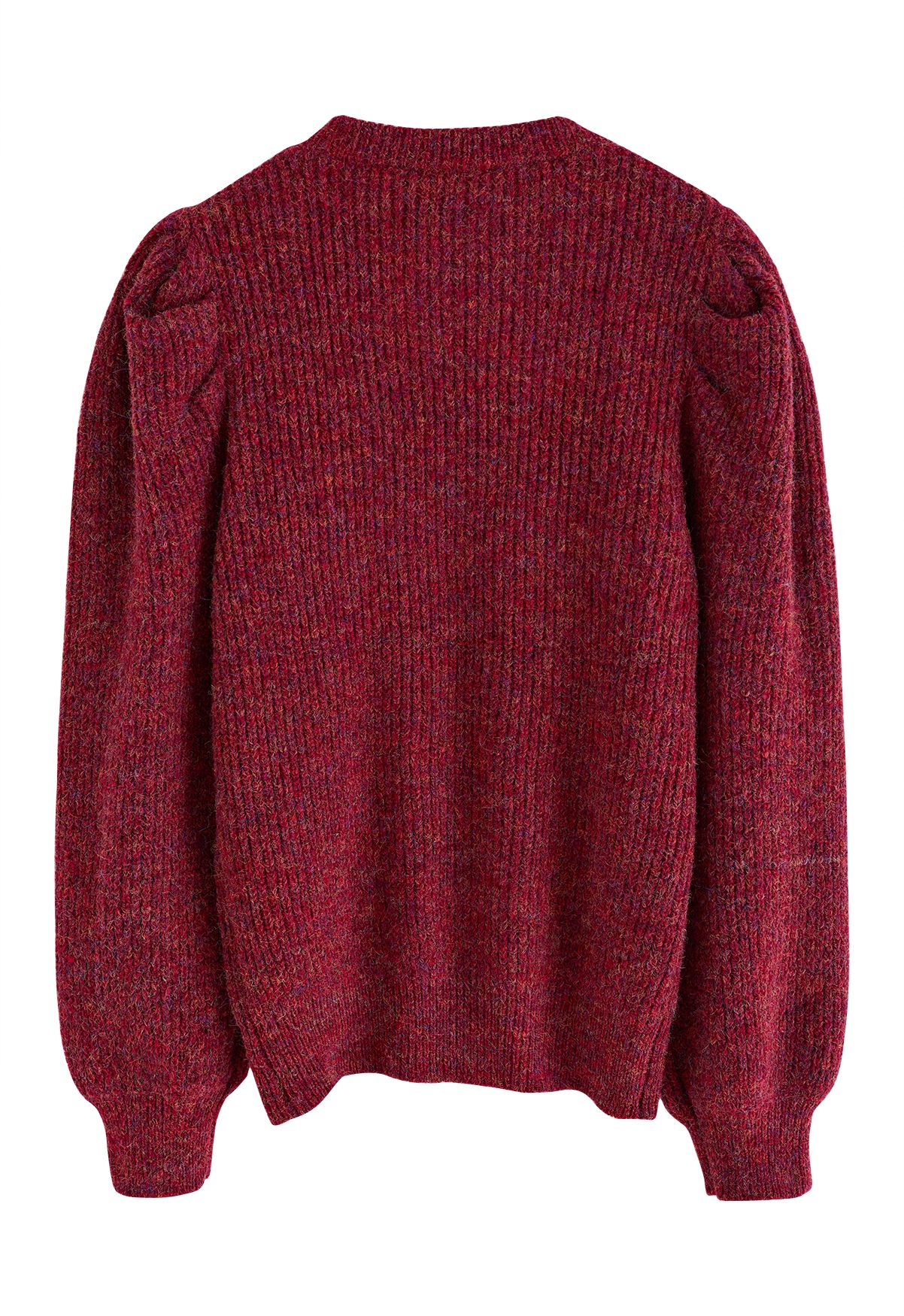 Suéter canelado com manga bufante em malha mista em vermelho