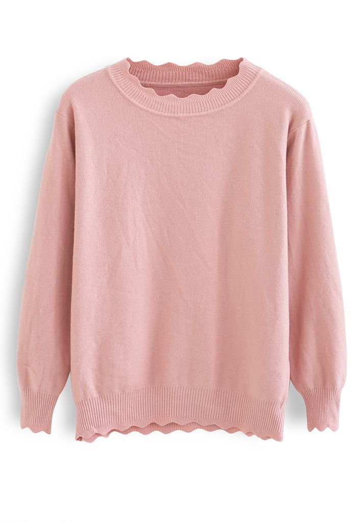 Suéter de malha macia felpuda com nervuras na cor rosa