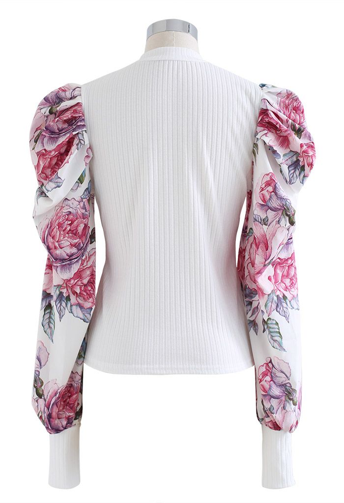Blusa com manga bolha floral costurada em branco