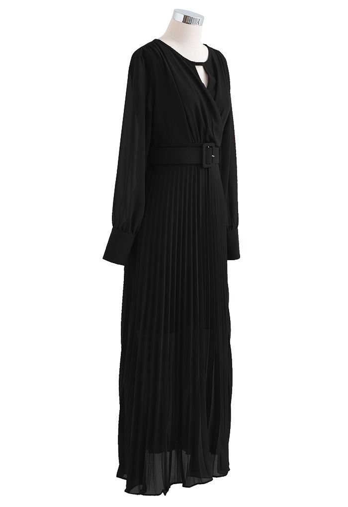 Vestido maxi plissado Flowy Chiffon Wrap em preto