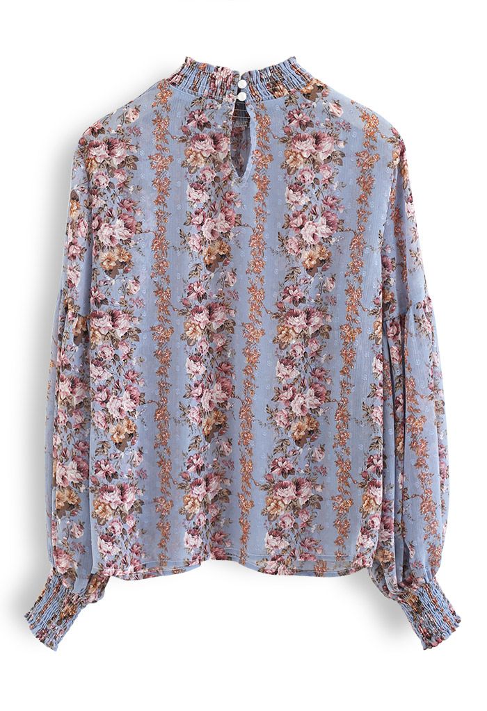 Blusa de chiffon jacquard estampada com estampa de flores videiras em azul