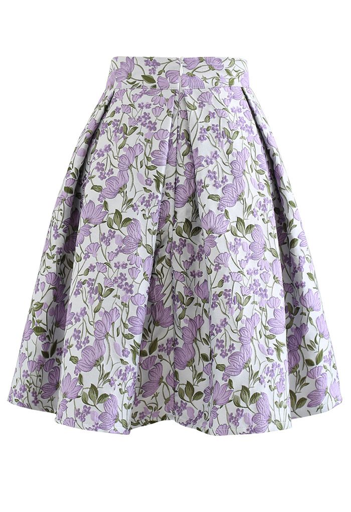 Impressionante mini saia plissada em jacquard de flores em violeta